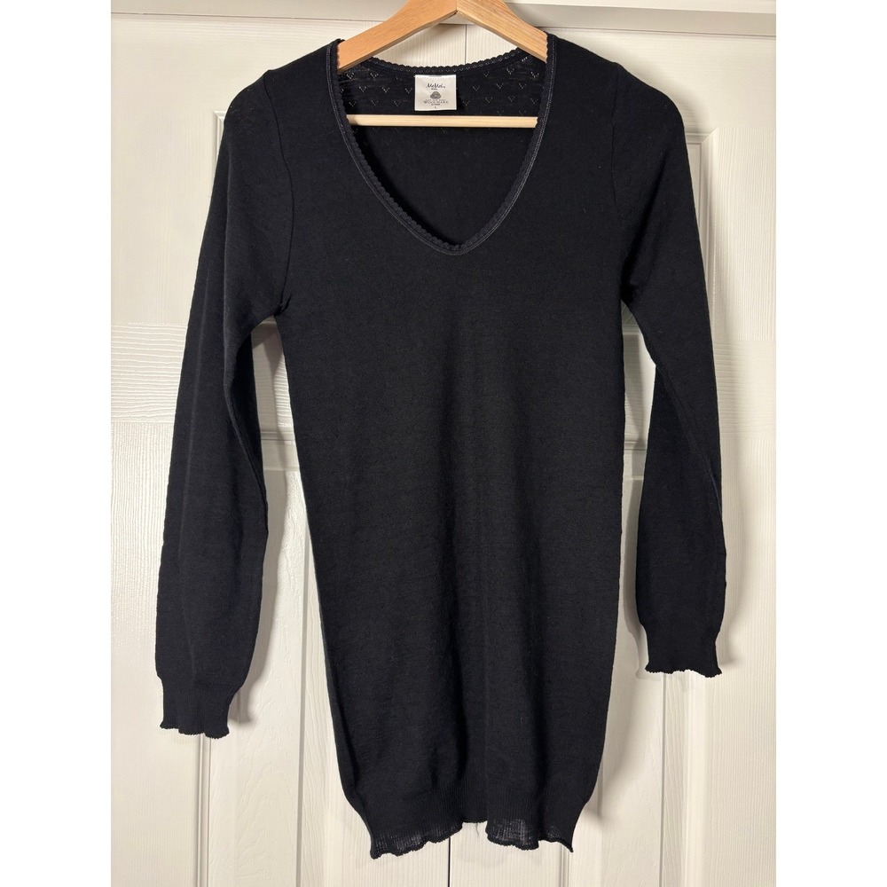 MeMoi Pure New Wool Black Pointelle V-Neck Sweater Lace Trim Longline Large